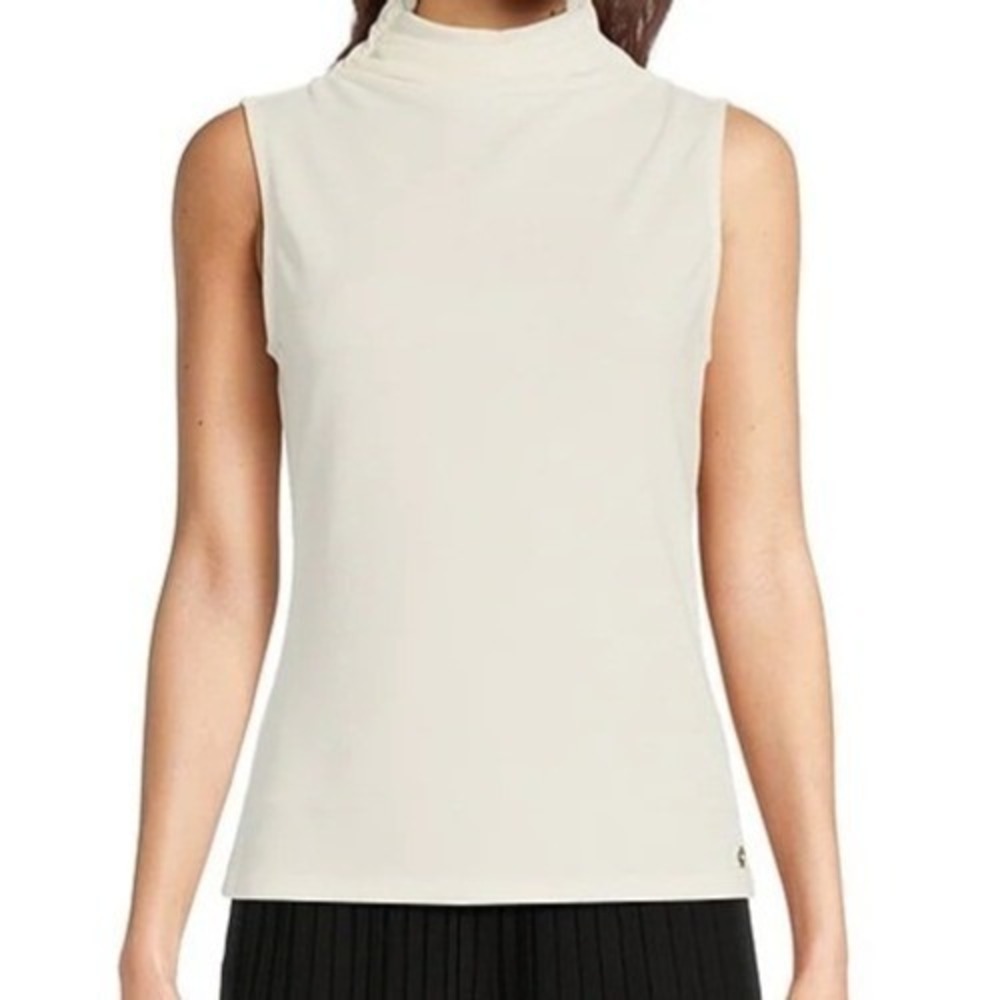 Donna Karan Stretch Draped Mock Neckline Sleeveless Top Cream Womens‎ Size L NWT